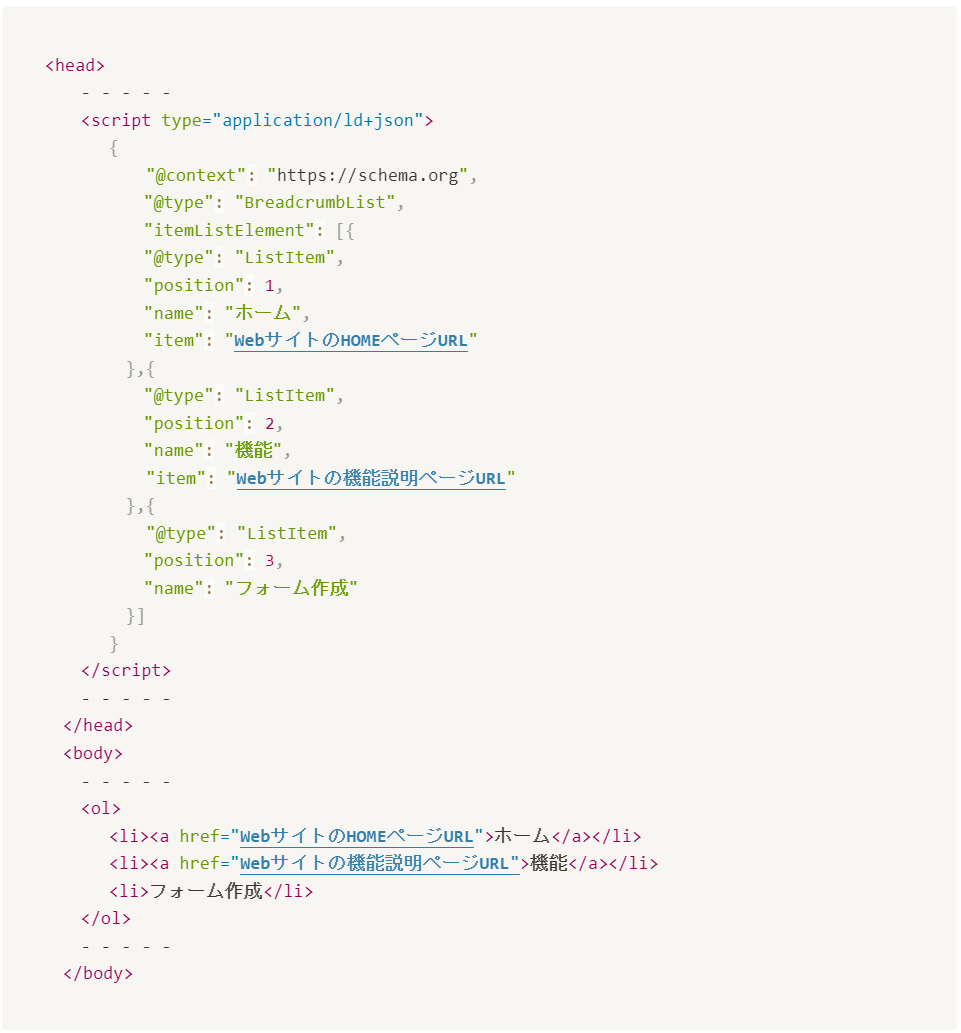 パンくずリストのHTMLタグに、構造化マークアップを設定した構文を追記（例）