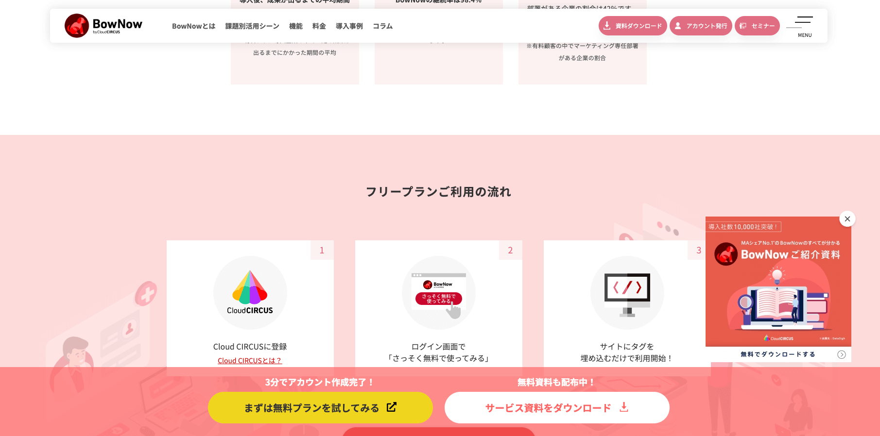 下の無料プランお試し/資料ダウンロードと、右下の紹介資料は追従移動型CTA